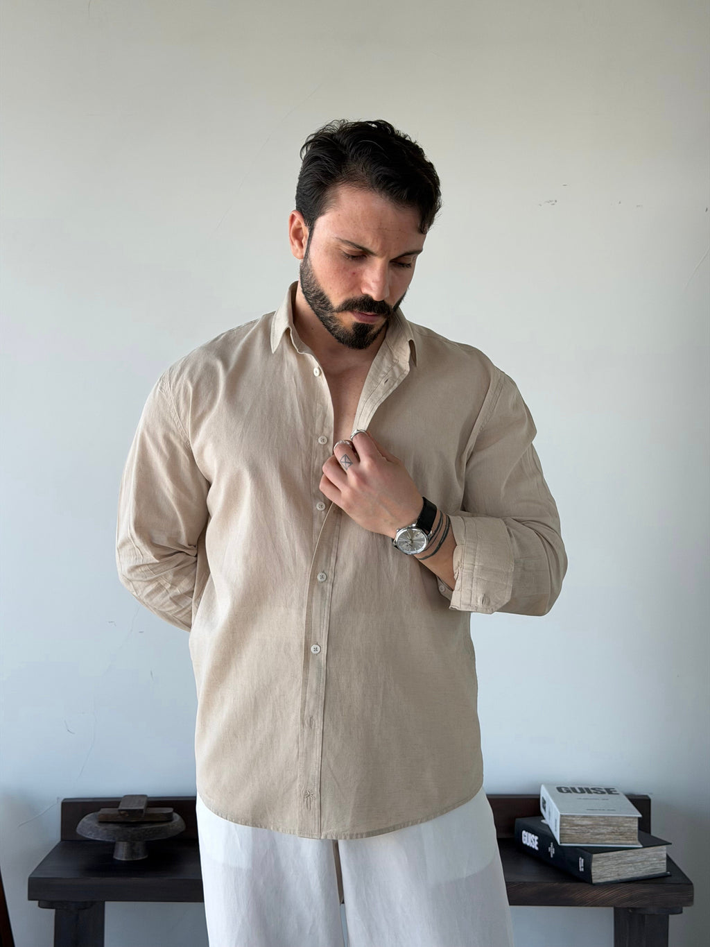 BASIC BEIGE RELAXED FIT LINEN SHIRT