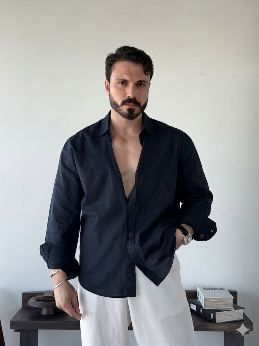BASIC NAVY RELAXED FIT LINEN SHIRT