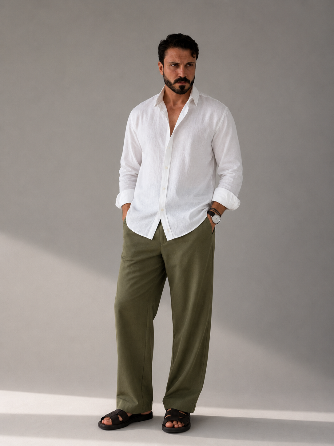 Signature Linen Set ( WHITE LINEN SHIRT + OLIVE LINEN PANTS )