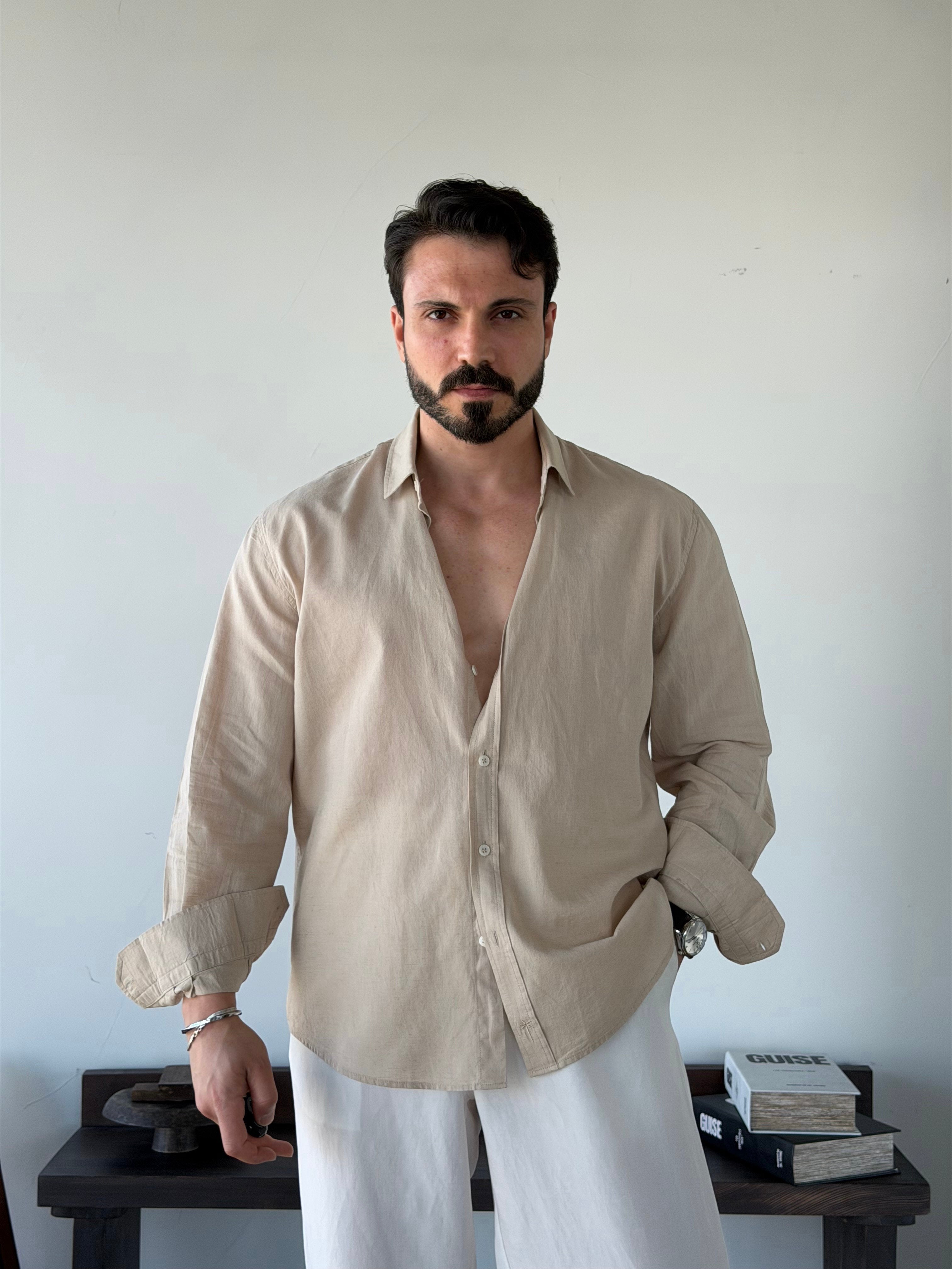 BASIC BEIGE RELAXED FIT LINEN SHIRT