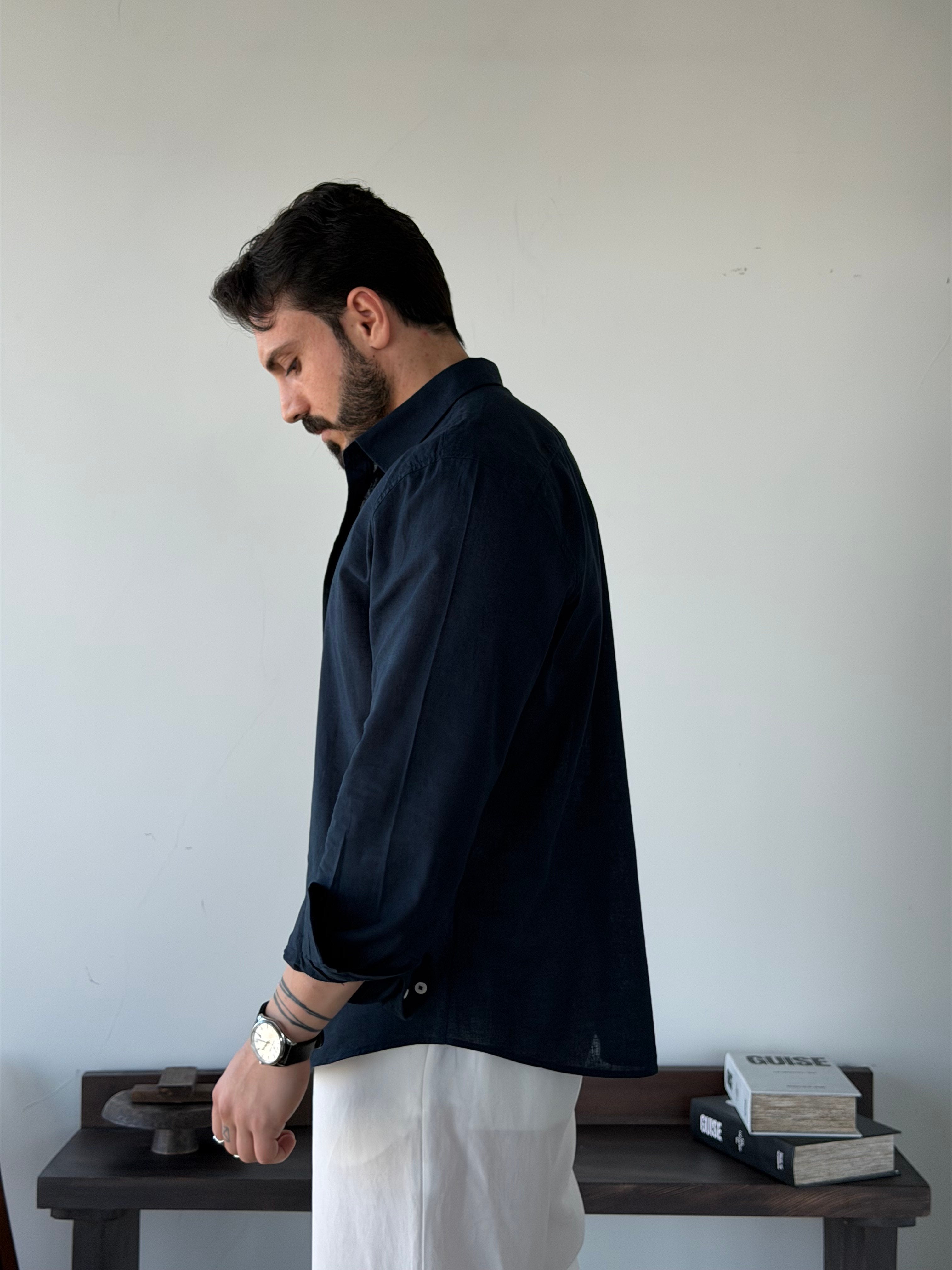 BASIC NAVY RELAXED FIT LINEN SHIRT