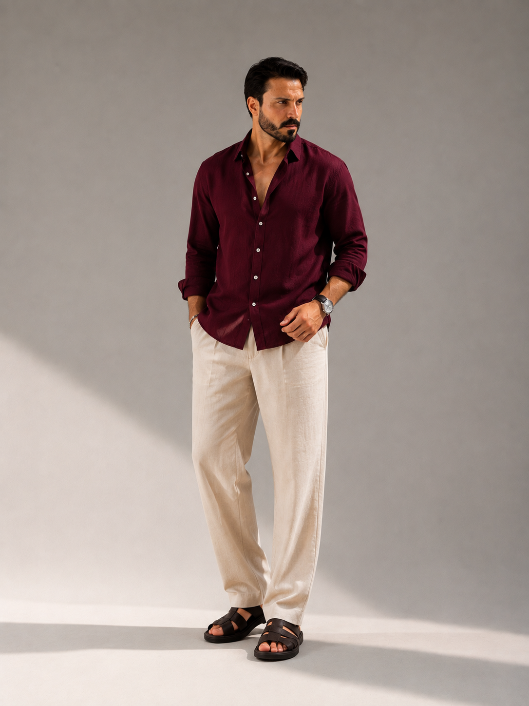 Signature Linen Set ( BURGUNDY LINEN SHIRT + BEIGE LINEN PANTS )