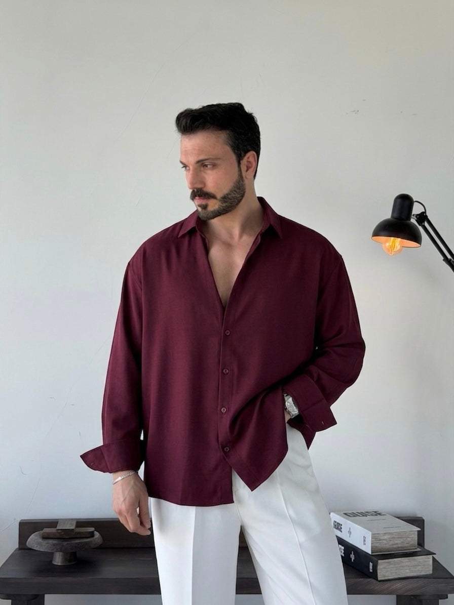 BASIC BURGUNDY RELAXED FIT LINEN SHIRT