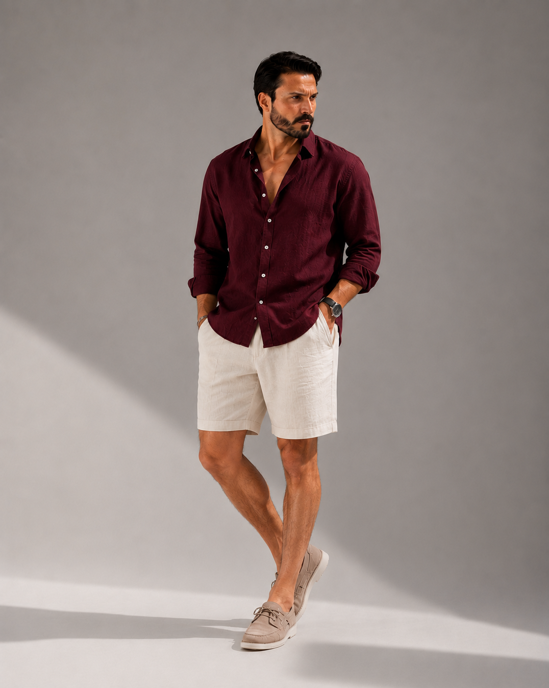 Signature Linen Set ( BURGUNDY LINEN SHIRT + BEIGE LINEN SHORT )