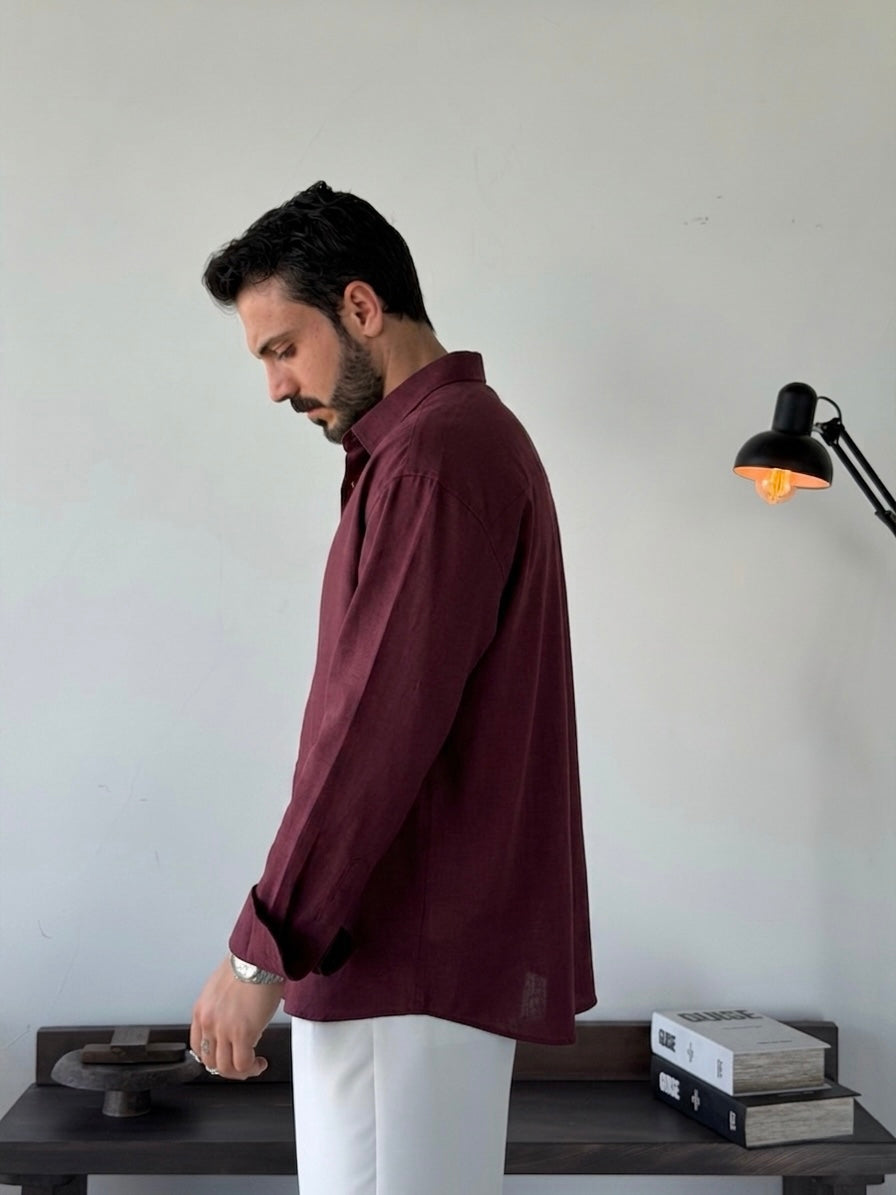 BASIC BURGUNDY RELAXED FIT LINEN SHIRT