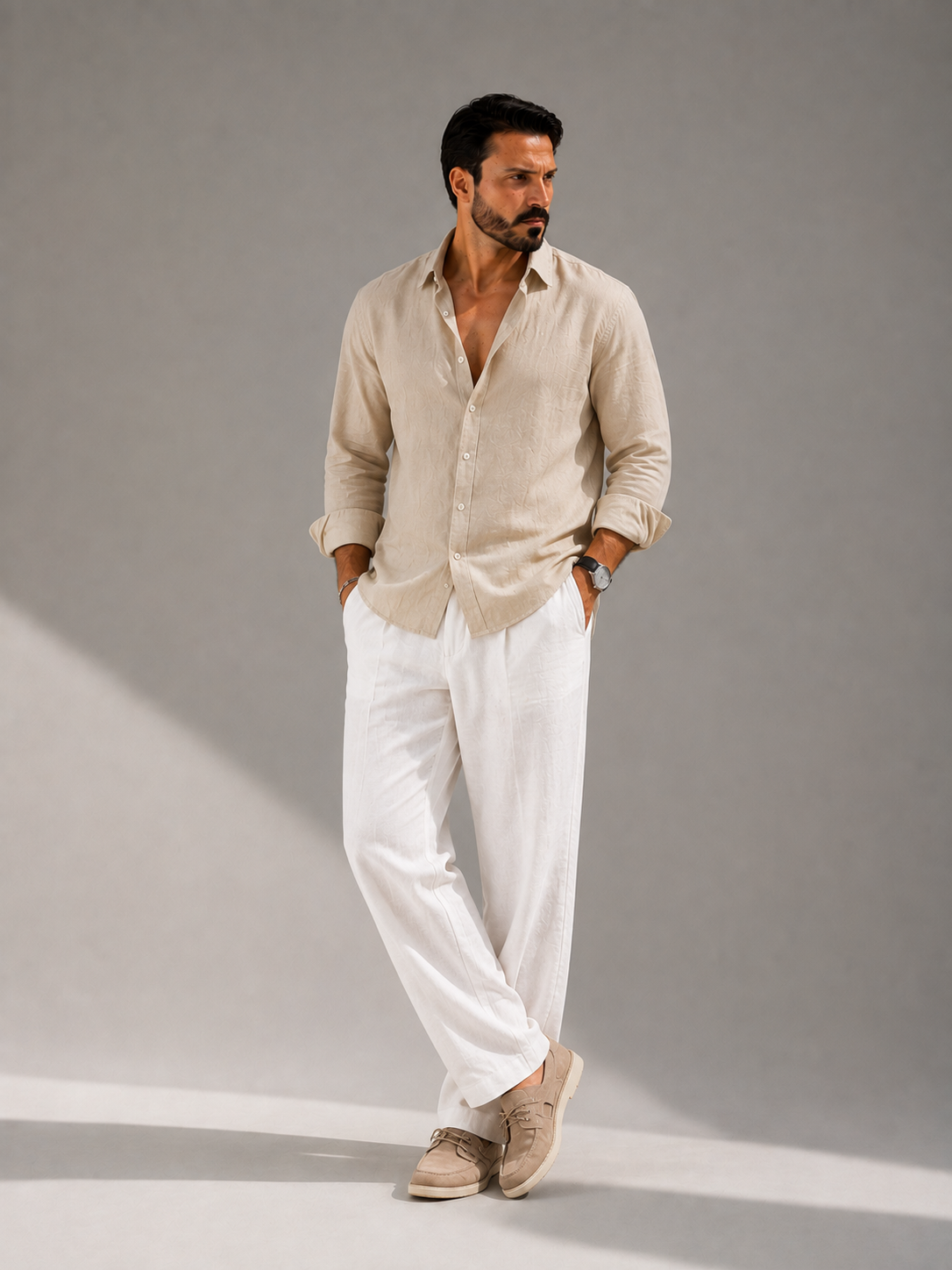 Signature Linen Set ( BEIGE LINEN SHIRT + WHITE LINEN PANTS )