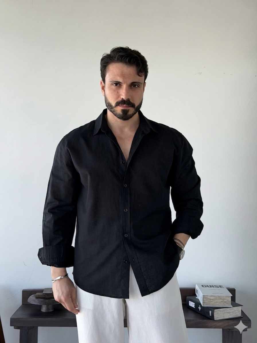 BASIC BLACK RELAXED FIT LINEN SHIRT