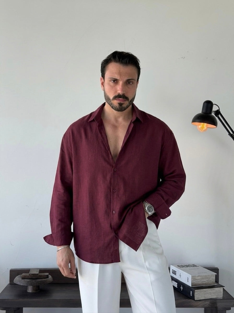 BASIC BURGUNDY RELAXED FIT LINEN SHIRT